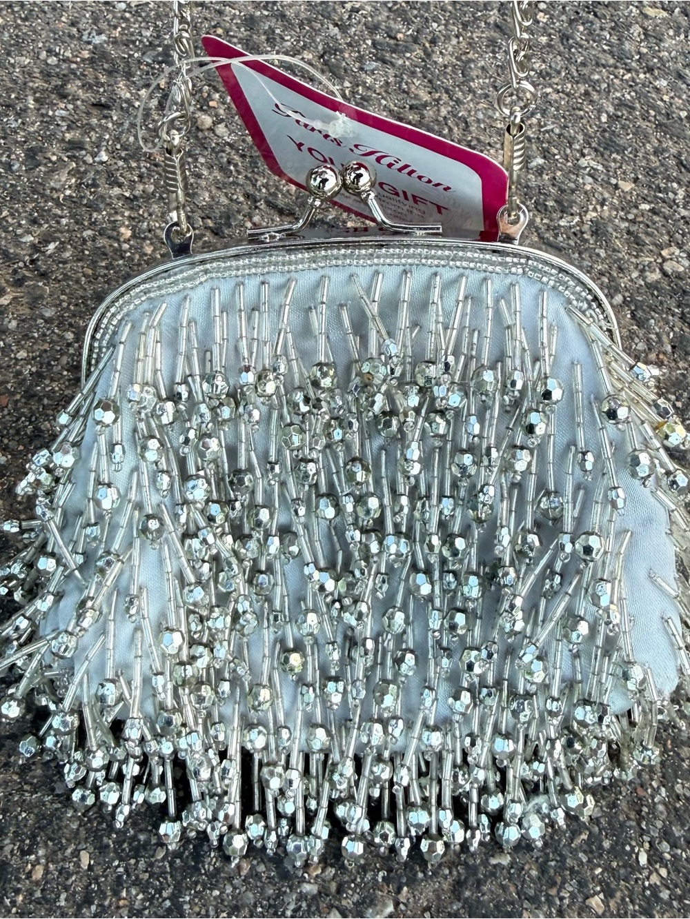Paris Hilton Silver Satin Evening Bag with Beading and Hot Pink Satin Lining NWT - Picture 2 of 10